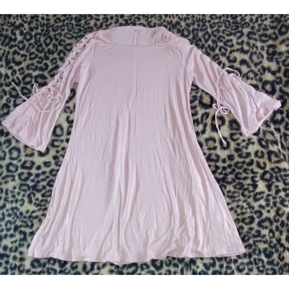 Express Lace Up Bell Sleeve Flowy Dress Pink Casual Size Medium Comfy Stretchy